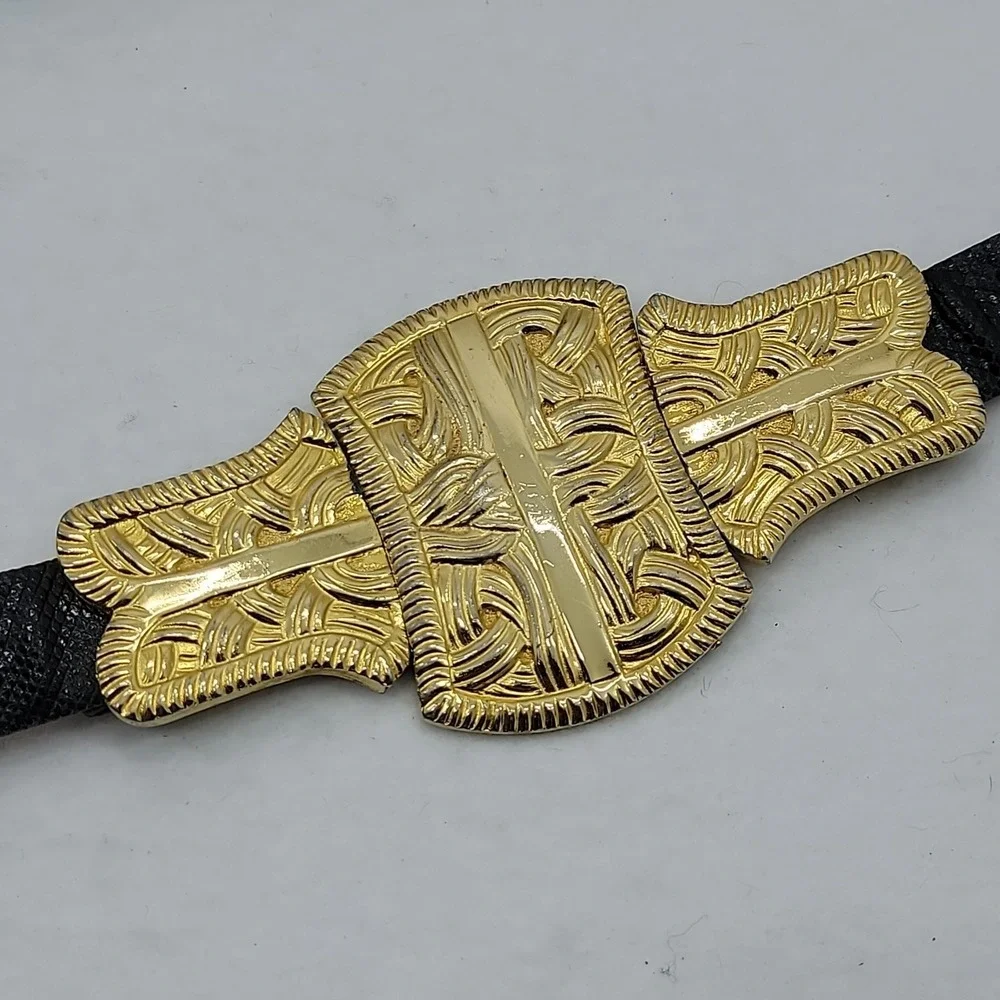 Vtg ALEXIS KIRK Belt Gold Basketweave Buckle Blk Reptile Leather 80s Rare Signed